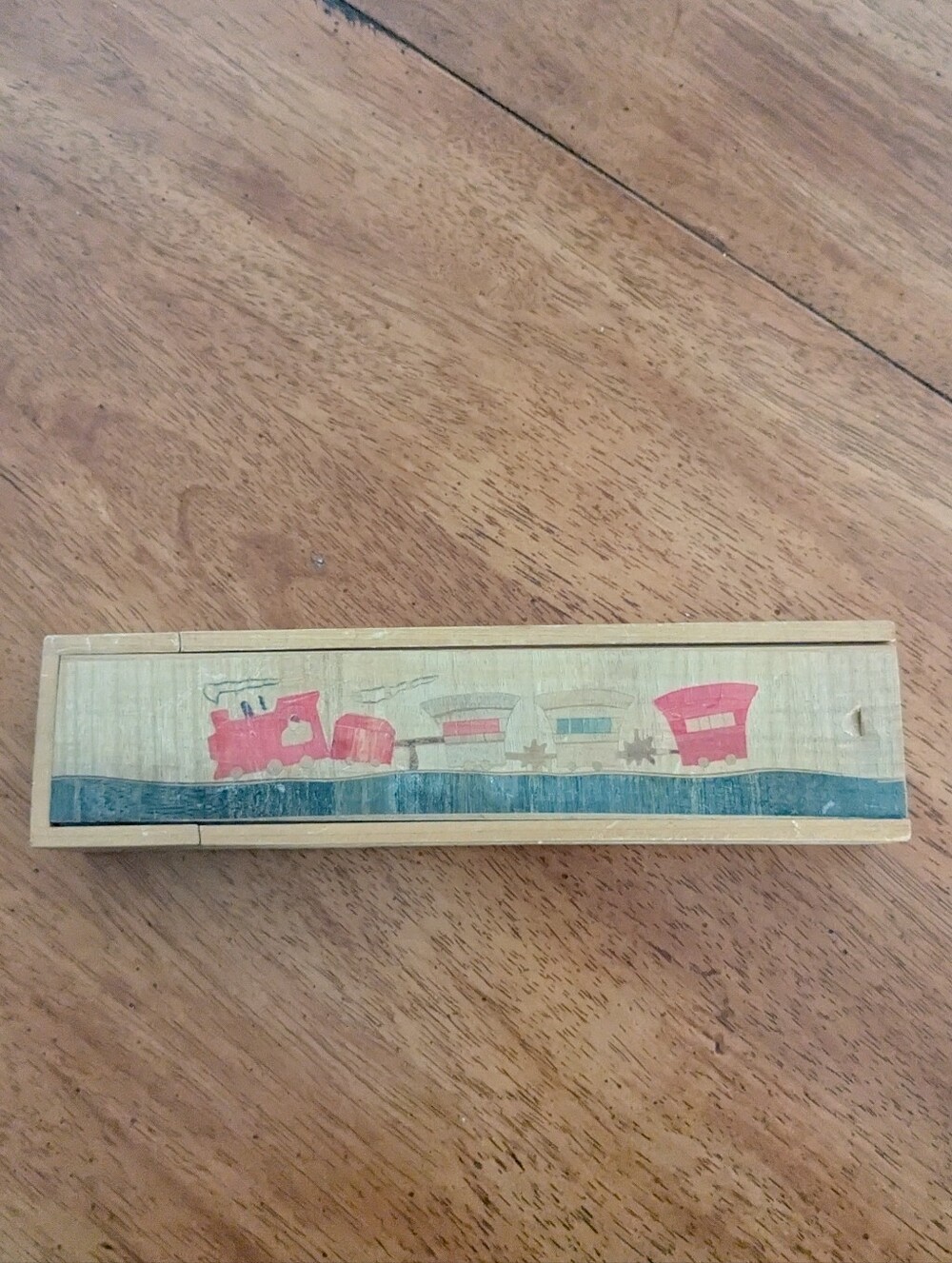 Rare 1960s Japanese Wooden Sliding Pencil Box Train Motif
